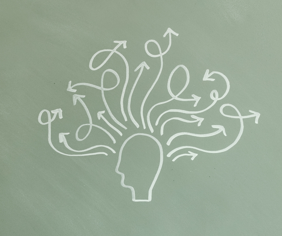 Illustration of a human head with multiple arrows pointing in different directions, representing overlapping symptoms of anxiety and ADHD
