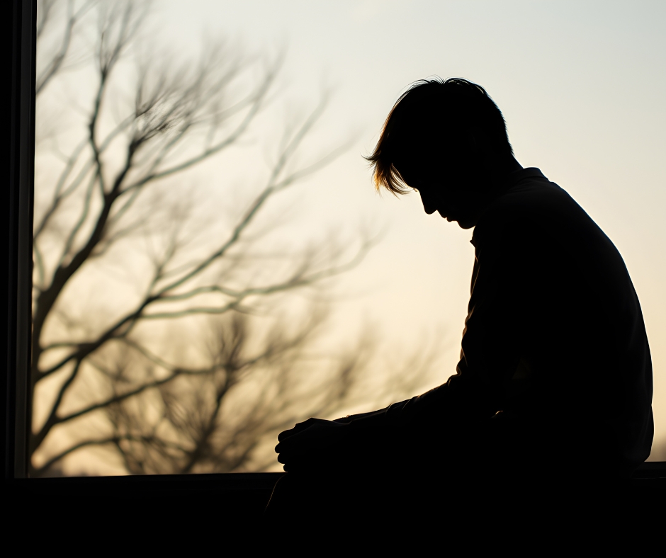 Man sitting alone with his head down, showing signs of depression and emotional exhaustion
