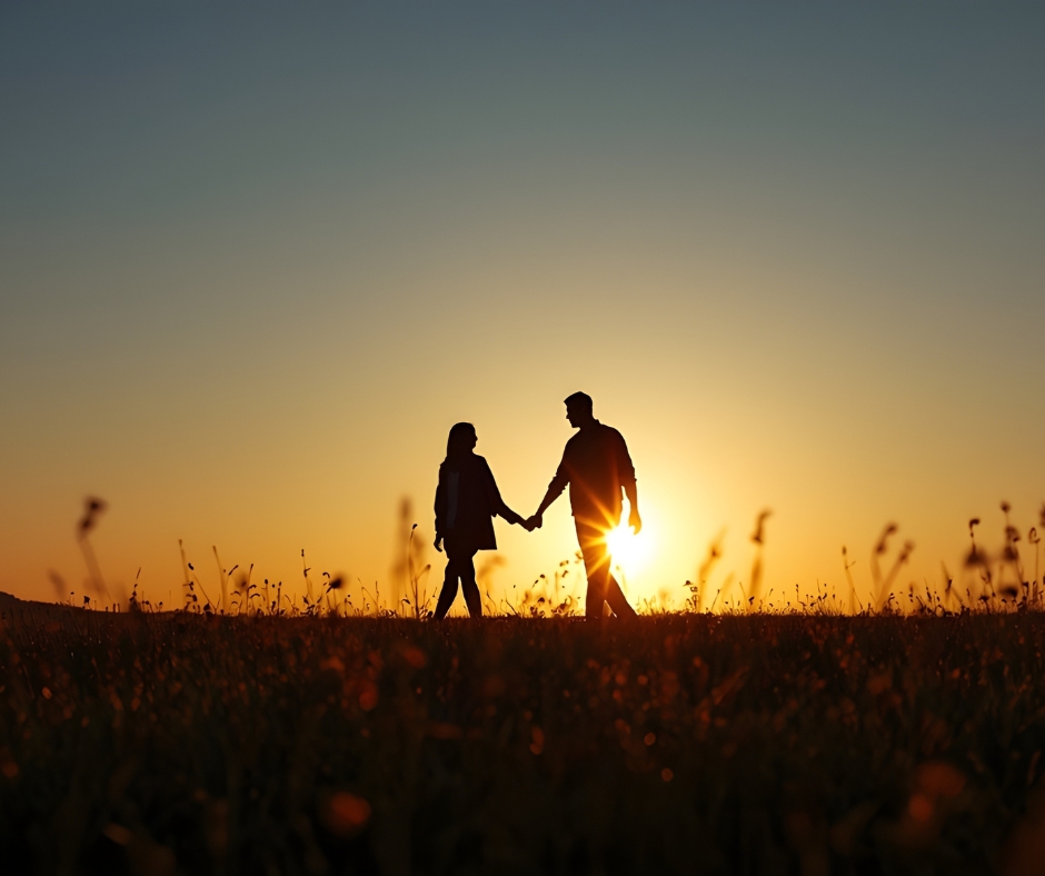 Couple walking together at sunset, representing connection and support during menopause and midlife