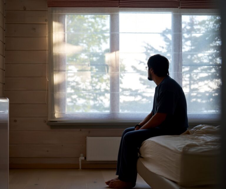 Man sitting on the edge of his bed looking out a window, reflecting feelings of seasonal depression and low mood