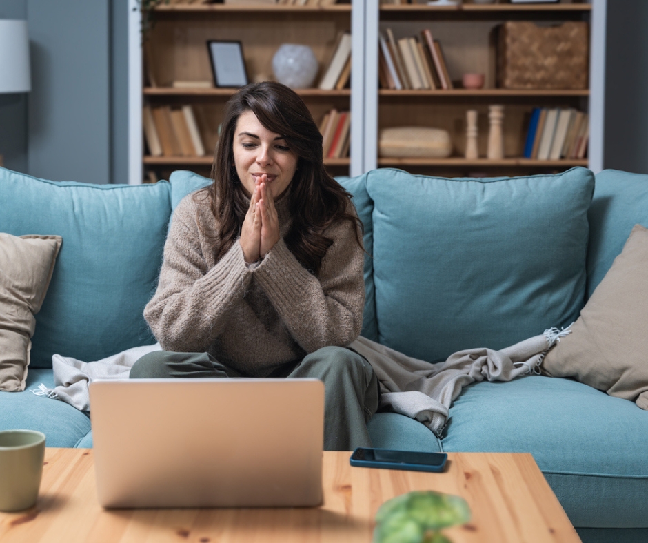 Woman participating in an online therapy session from home for seasonal depression and mental health support